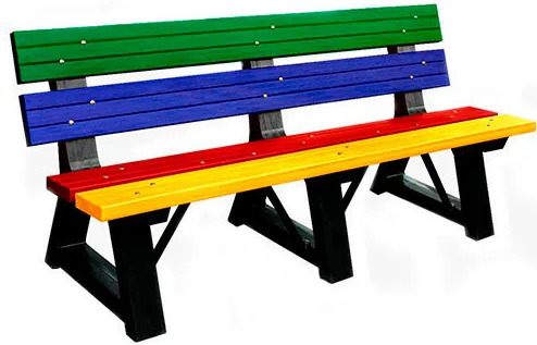 banco de madeira plástica para praças e parquinhos, colorido com as cores vermelho, amarelo, azul e verde